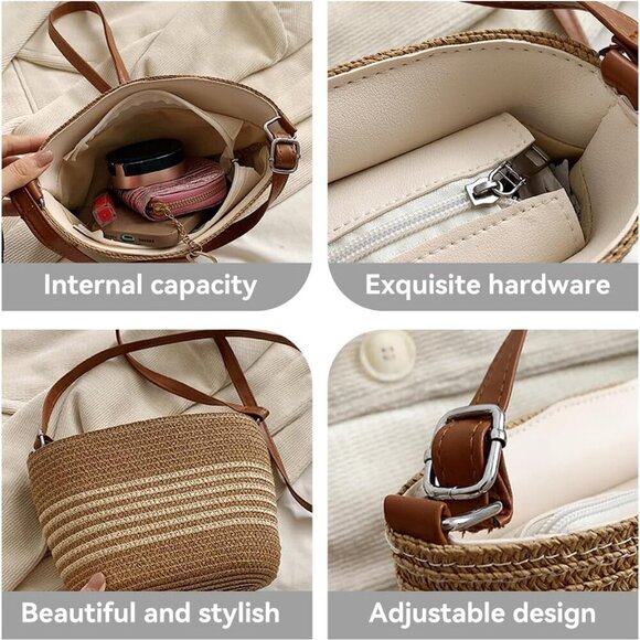 Stylish Small Straw Bag for Women | Versatile Crossbody Bucket for Beach Days - Picture 4 of 7